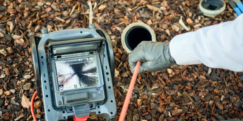 Plumber using a digital sewer camera inspection system with a video monitor to examine underground pipes in a League City yard